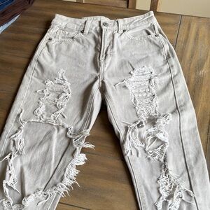 Distressed Mom Jeans - Light Beige